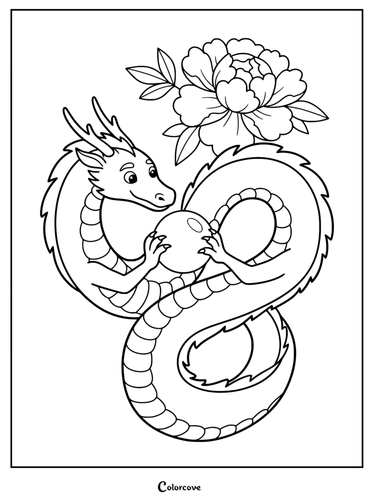 A Chinese dragon holding a pearl with a large peony flower above it in this printable coloring page.