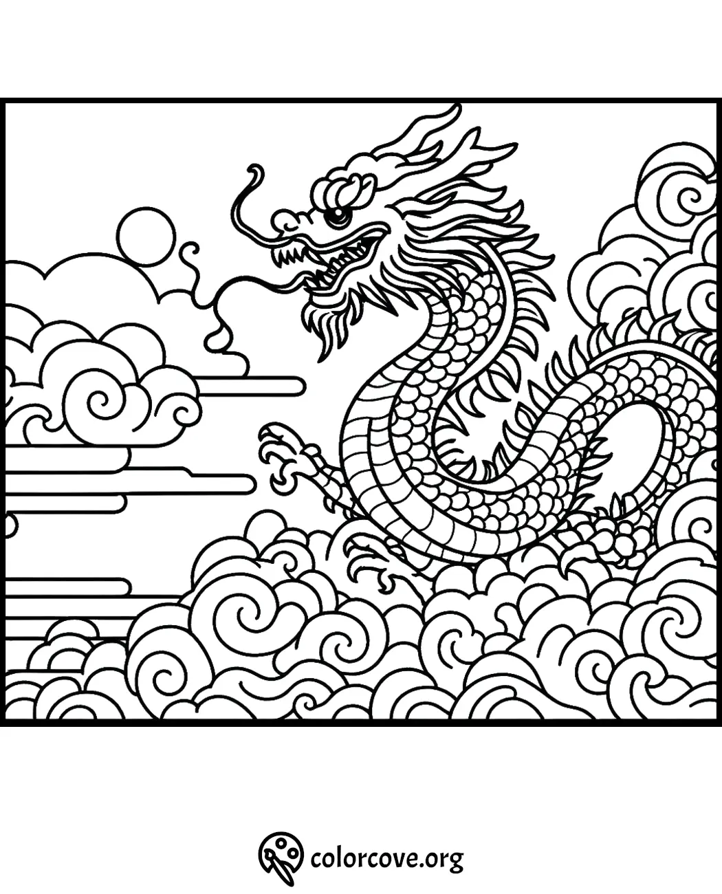 Dragon coloring page for kids and adults. Intricate dragon details, clouds, and sun. Perfect for stress relief and relaxation.