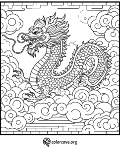 Printable Chinese dragon coloring page with intricate details and swirling clouds for creative coloring fun.