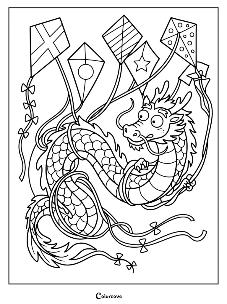 A Chinese dragon holding strings to five different patterned kites in this printable coloring page.