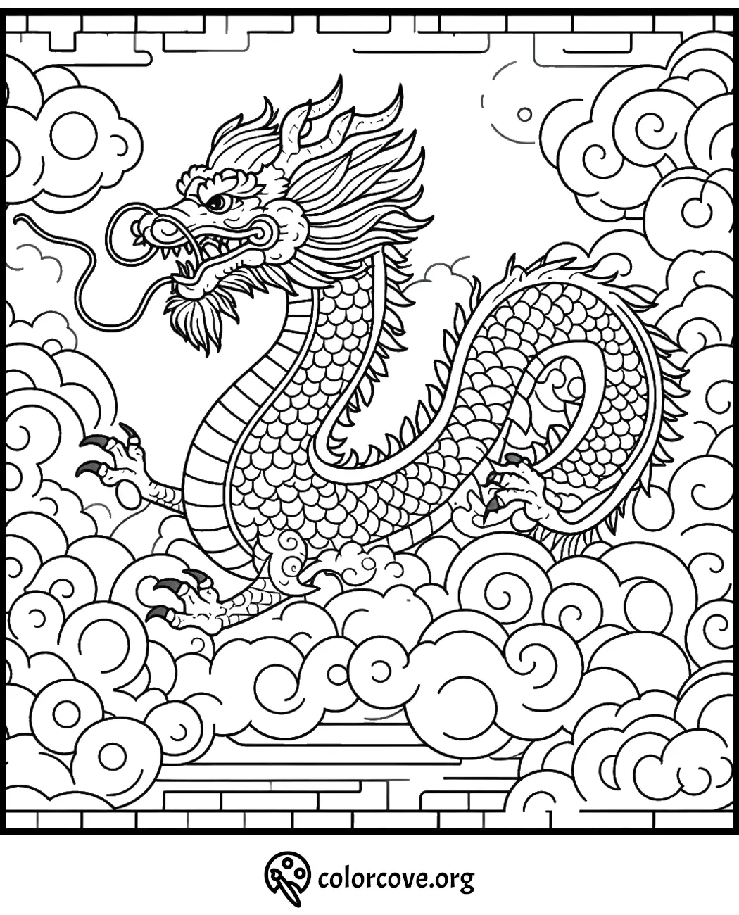 Printable Chinese dragon coloring page with intricate details and swirling clouds for creative coloring fun.