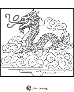 Chinese dragon coloring page with clouds, intricate scales and flowing mane. Printable dragon artwork for kids and adults.