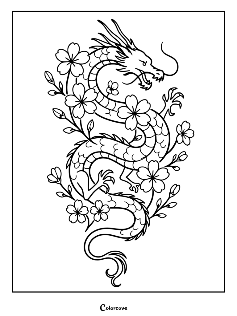 A detailed Chinese dragon winding through blooming cherry blossom branches in this printable coloring page.