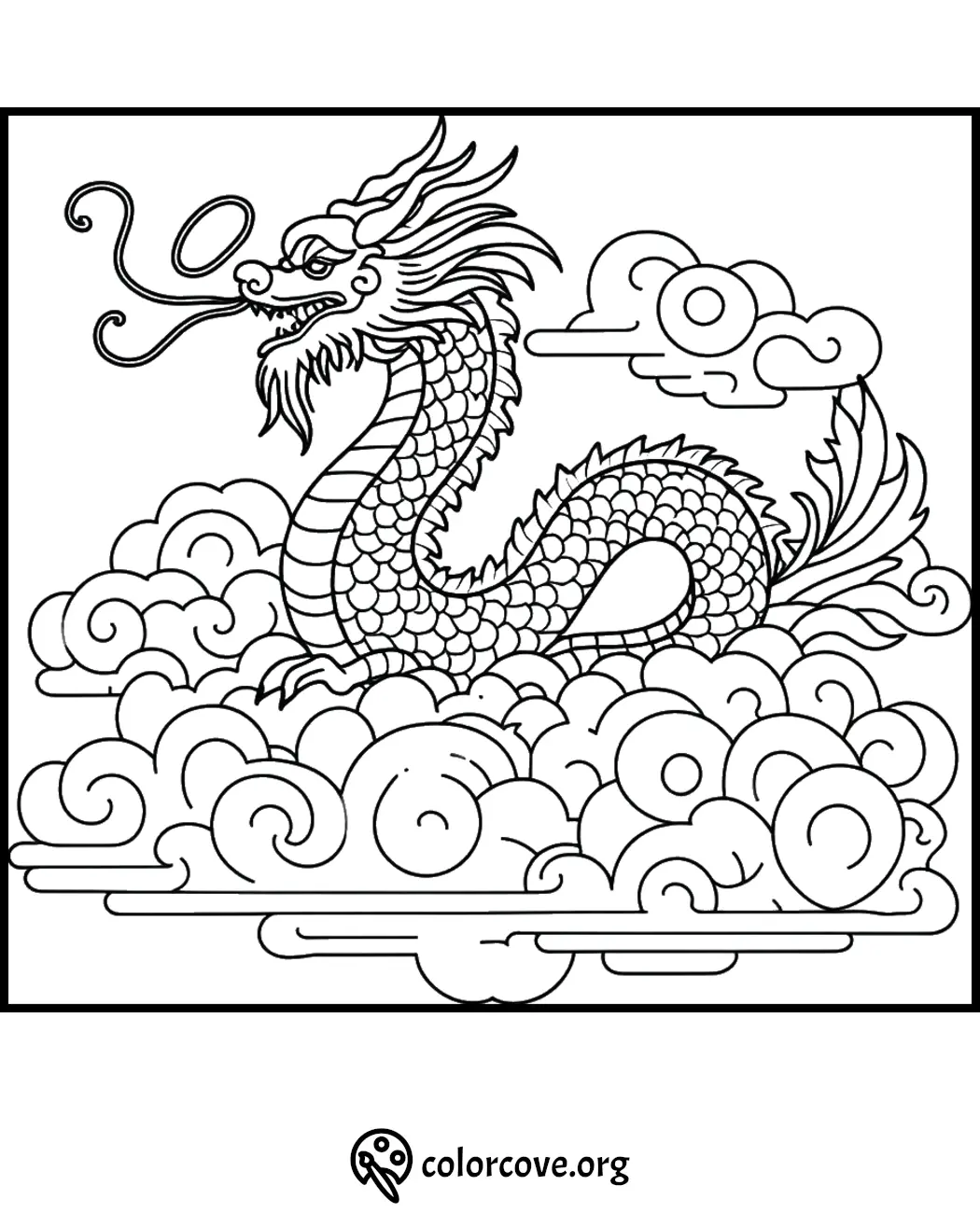 Chinese dragon coloring page with clouds, intricate scales and flowing mane. Printable dragon artwork for kids and adults.