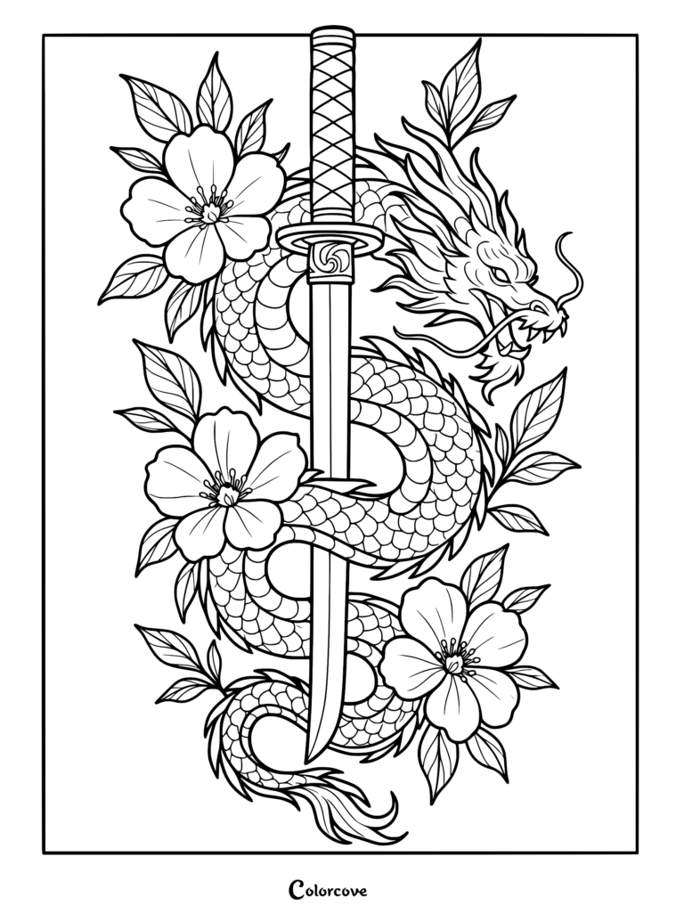 A detailed Chinese dragon winding around a vertical katana sword surrounded by cherry blossoms in this black and white coloring page.