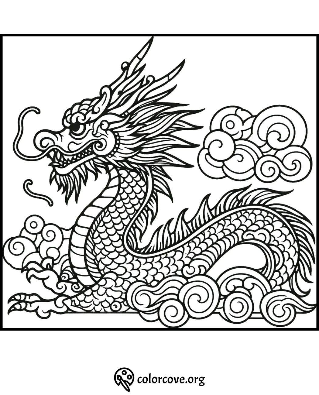 Intricate dragon coloring page with detailed scales and clouds, perfect for relaxation and creativity. Colorcove.org exclusive.