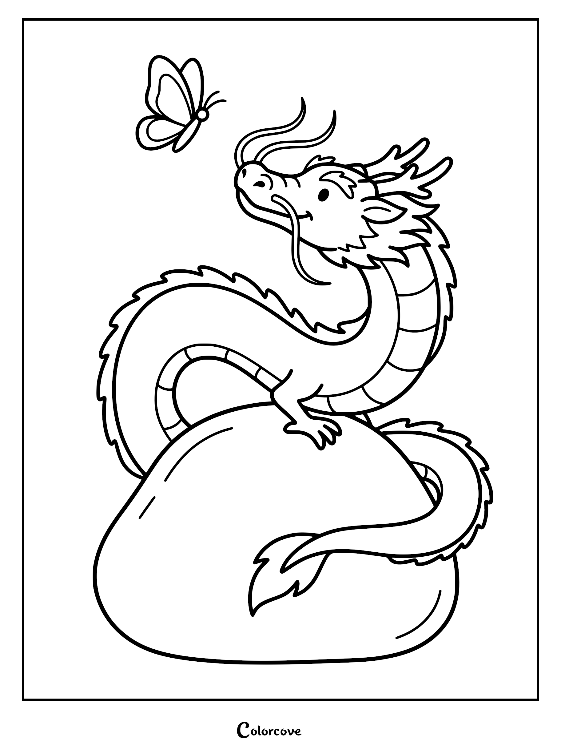 A cute Chinese dragon perched on a large smooth rock looking at a butterfly in this printable coloring page.
