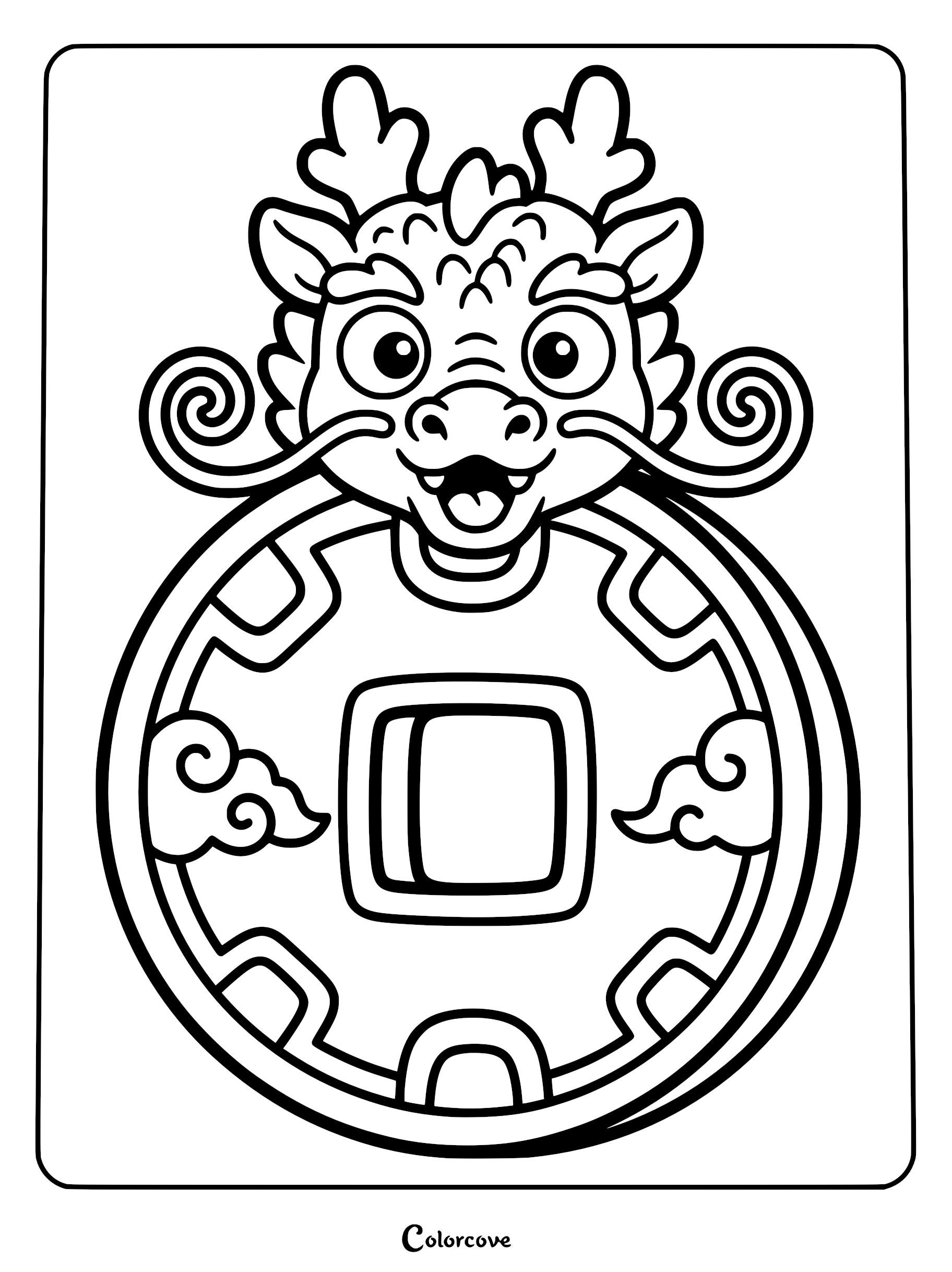 A cute Chinese dragon head resting on a traditional round lucky coin with square center hole, line art coloring page.