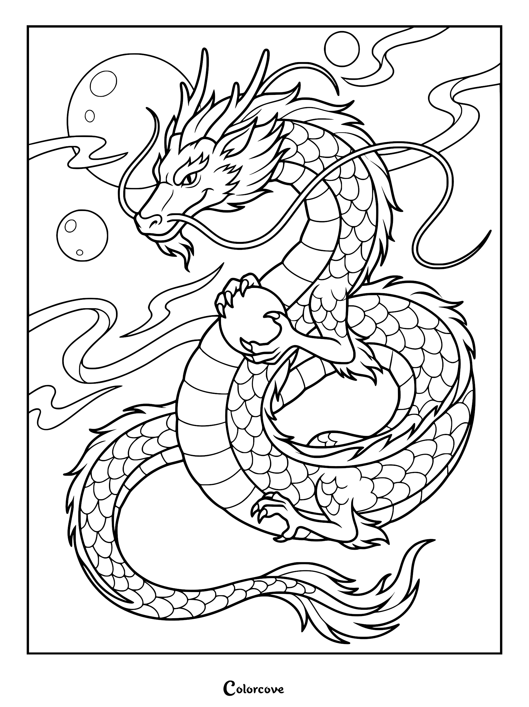 Chinese dragon with scales and long whiskers holding a pearl in its claws, coloring page style line art.