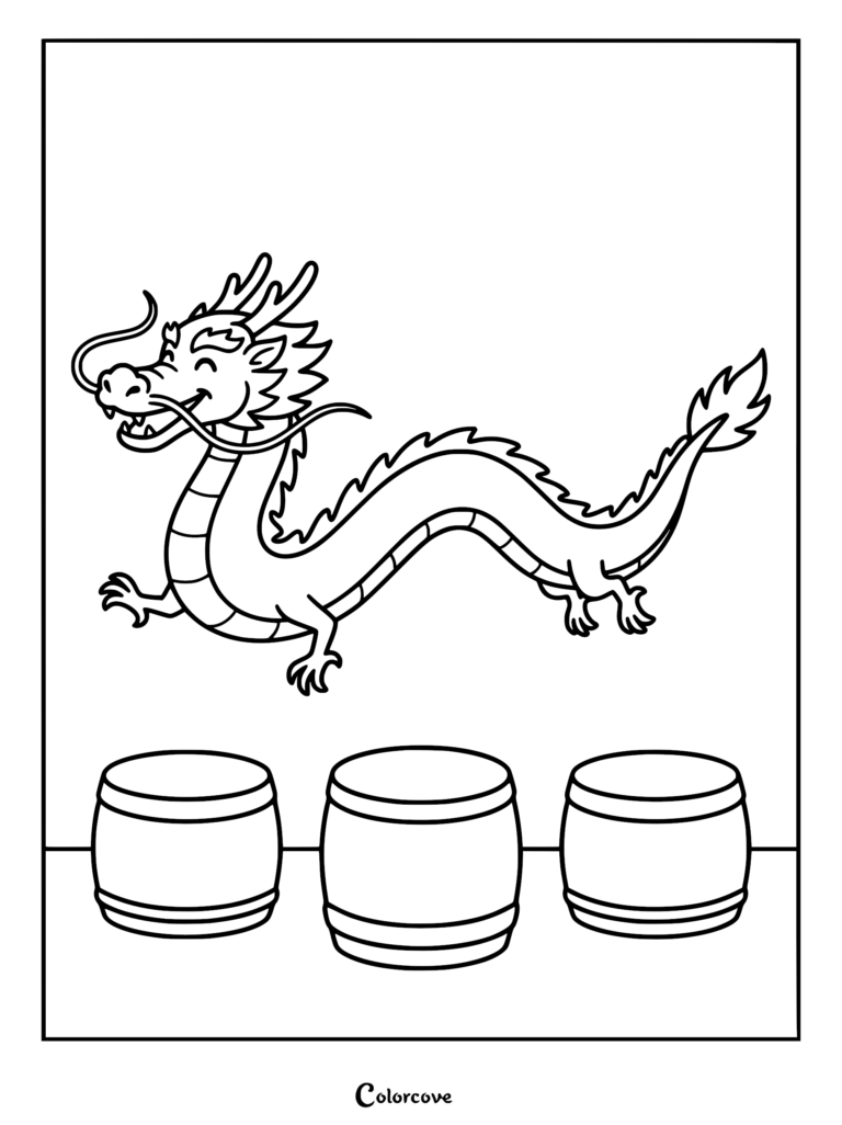 A happy Chinese dragon leaping over three wooden barrels in this printable coloring page.