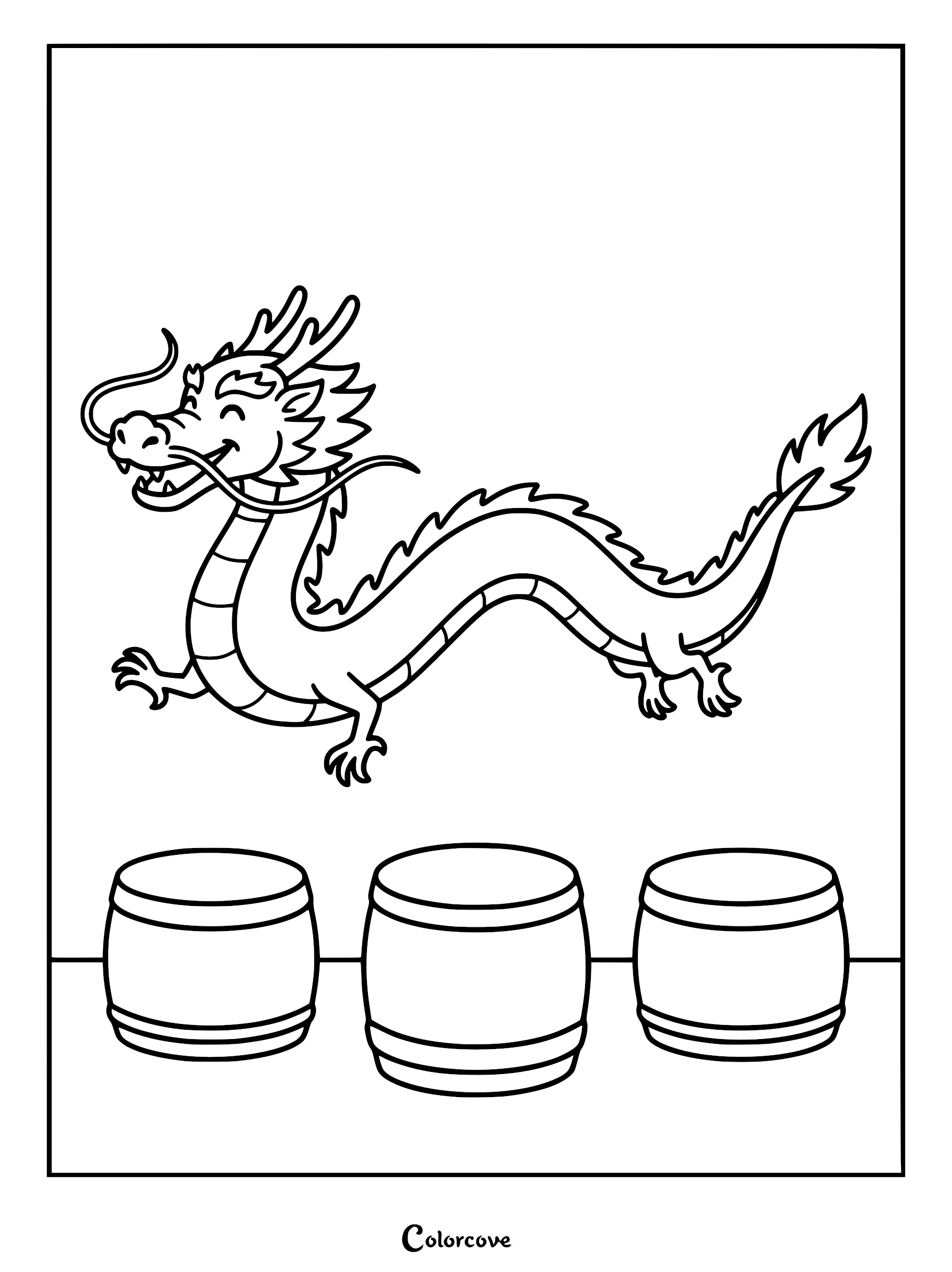A happy Chinese dragon leaping over three wooden barrels in this printable coloring page.