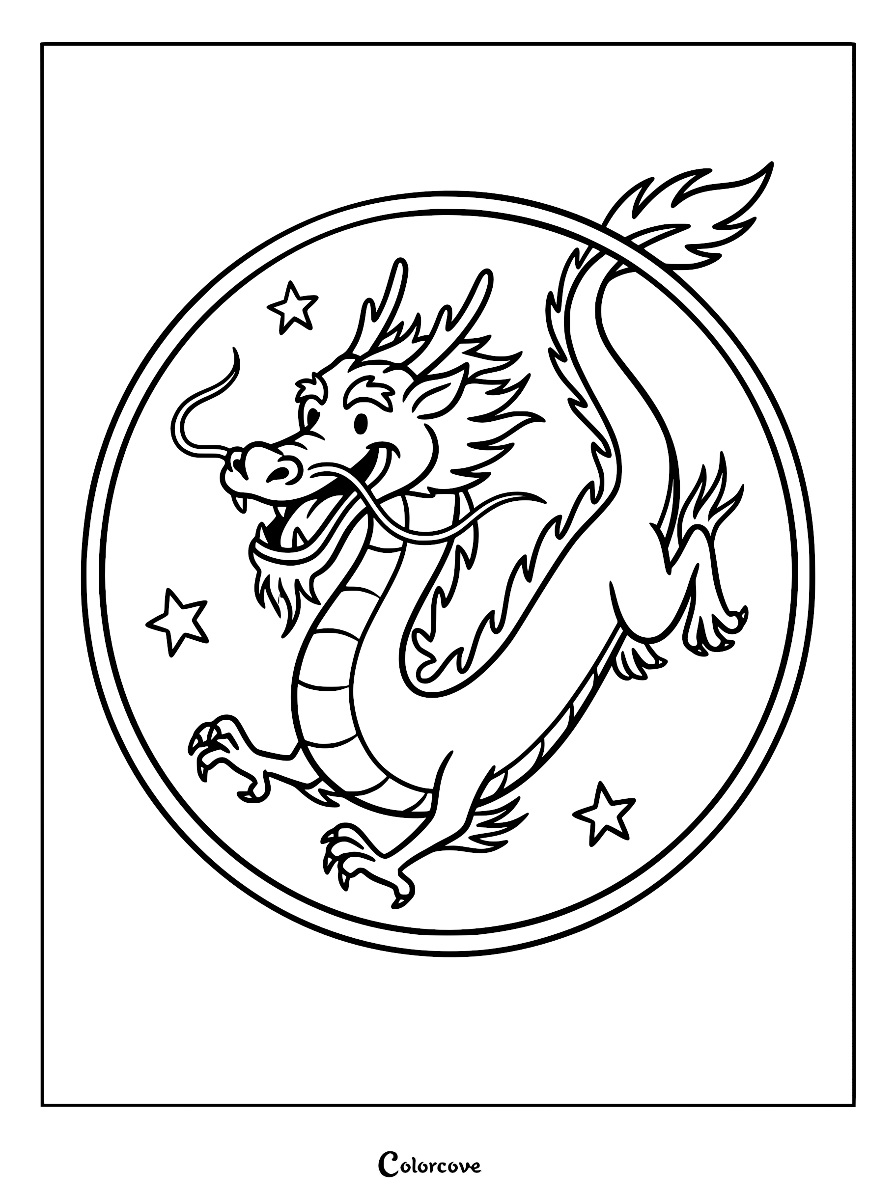A friendly Chinese dragon with whiskers and scales inside a circular frame with stars, black and white line art coloring page.