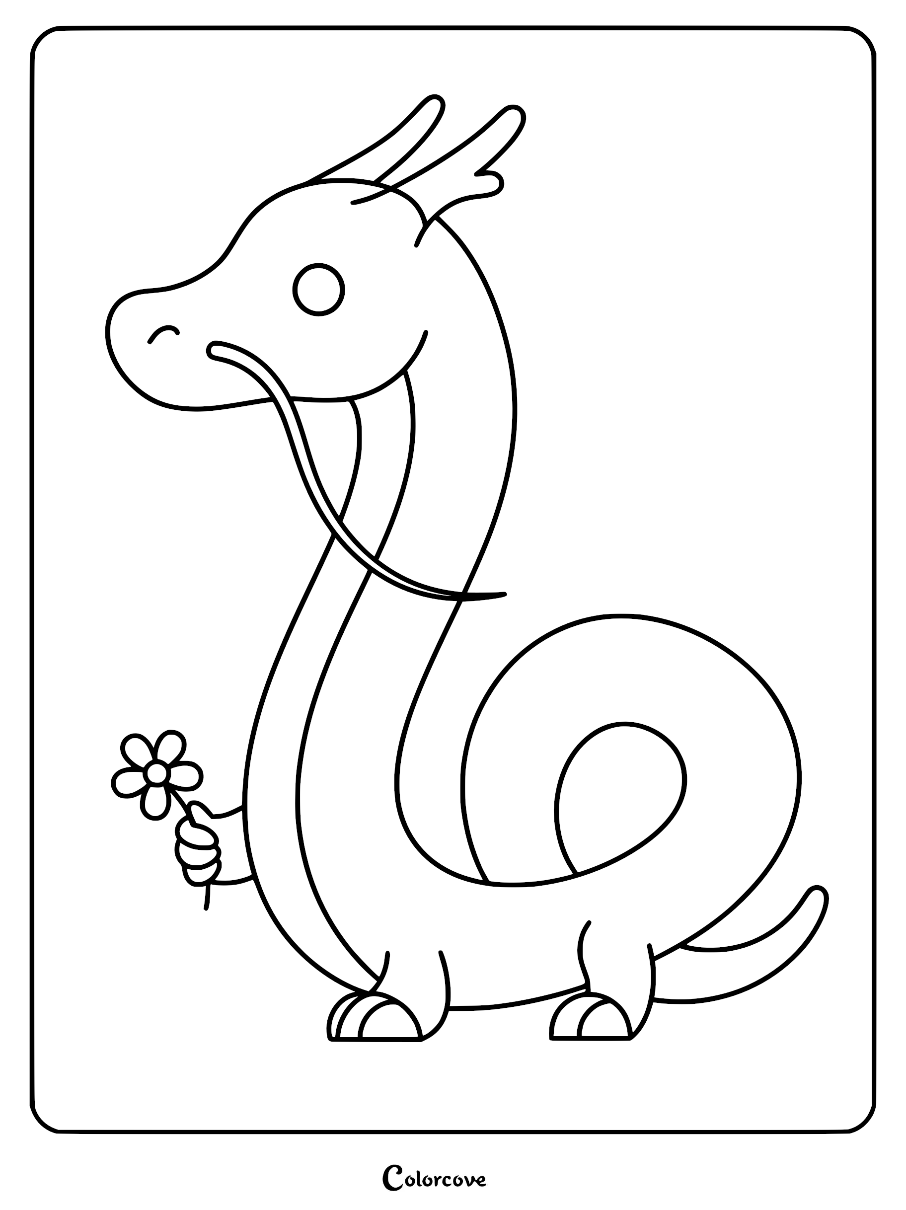 A simple line art coloring page of a friendly Chinese dragon with long whiskers holding a small daisy flower.