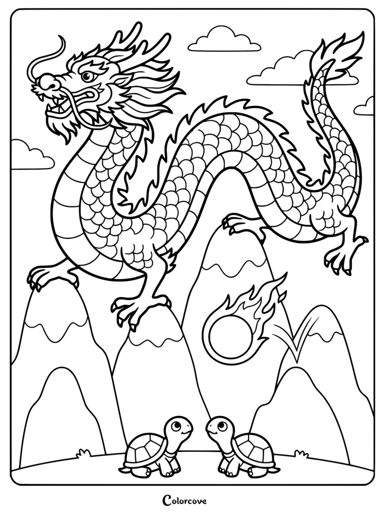 A Chinese dragon soaring above two small turtles in a mountain landscape with a flaming orb, line art coloring page.