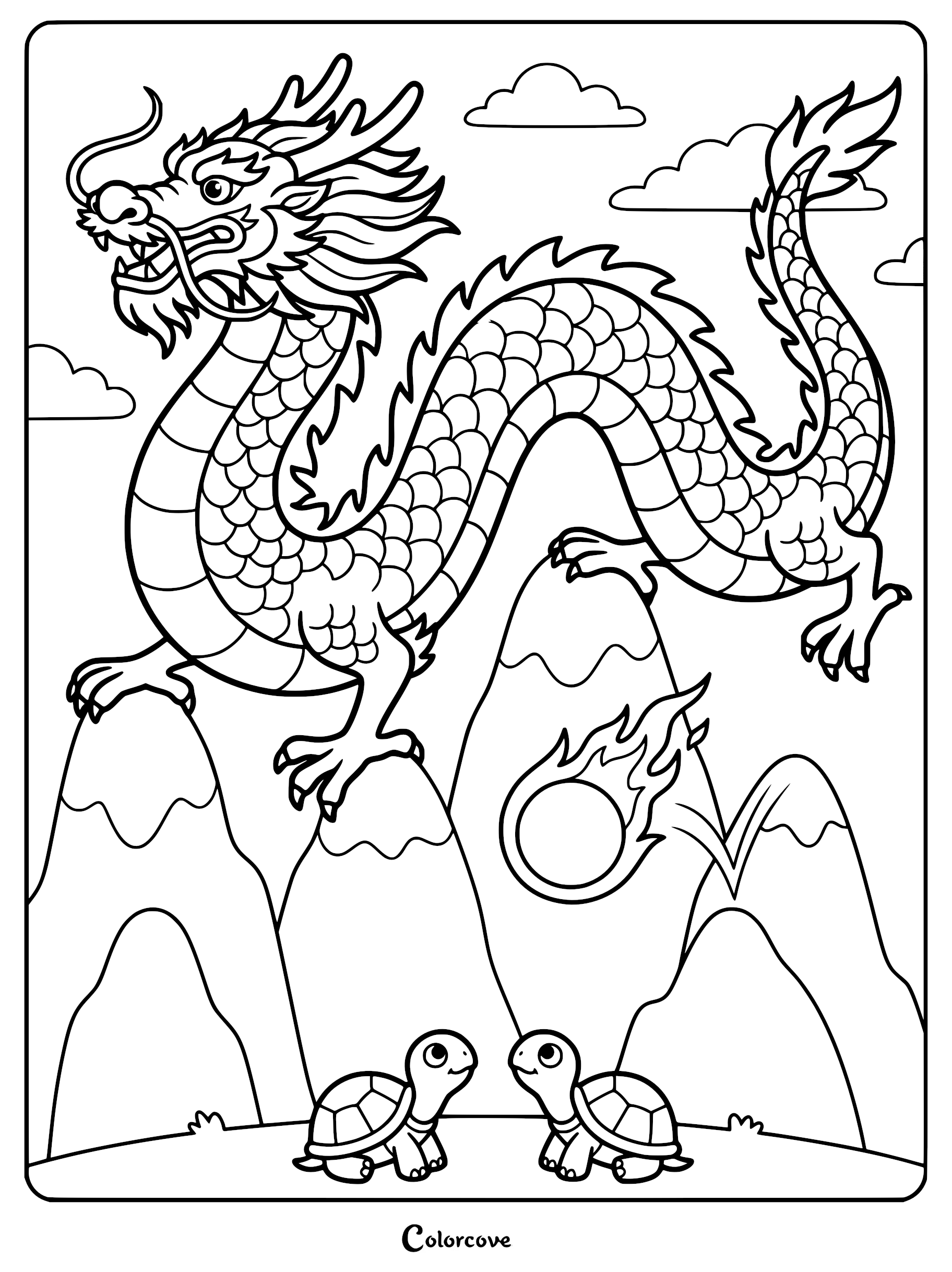 A Chinese dragon soaring above two small turtles in a mountain landscape with a flaming orb, line art coloring page.