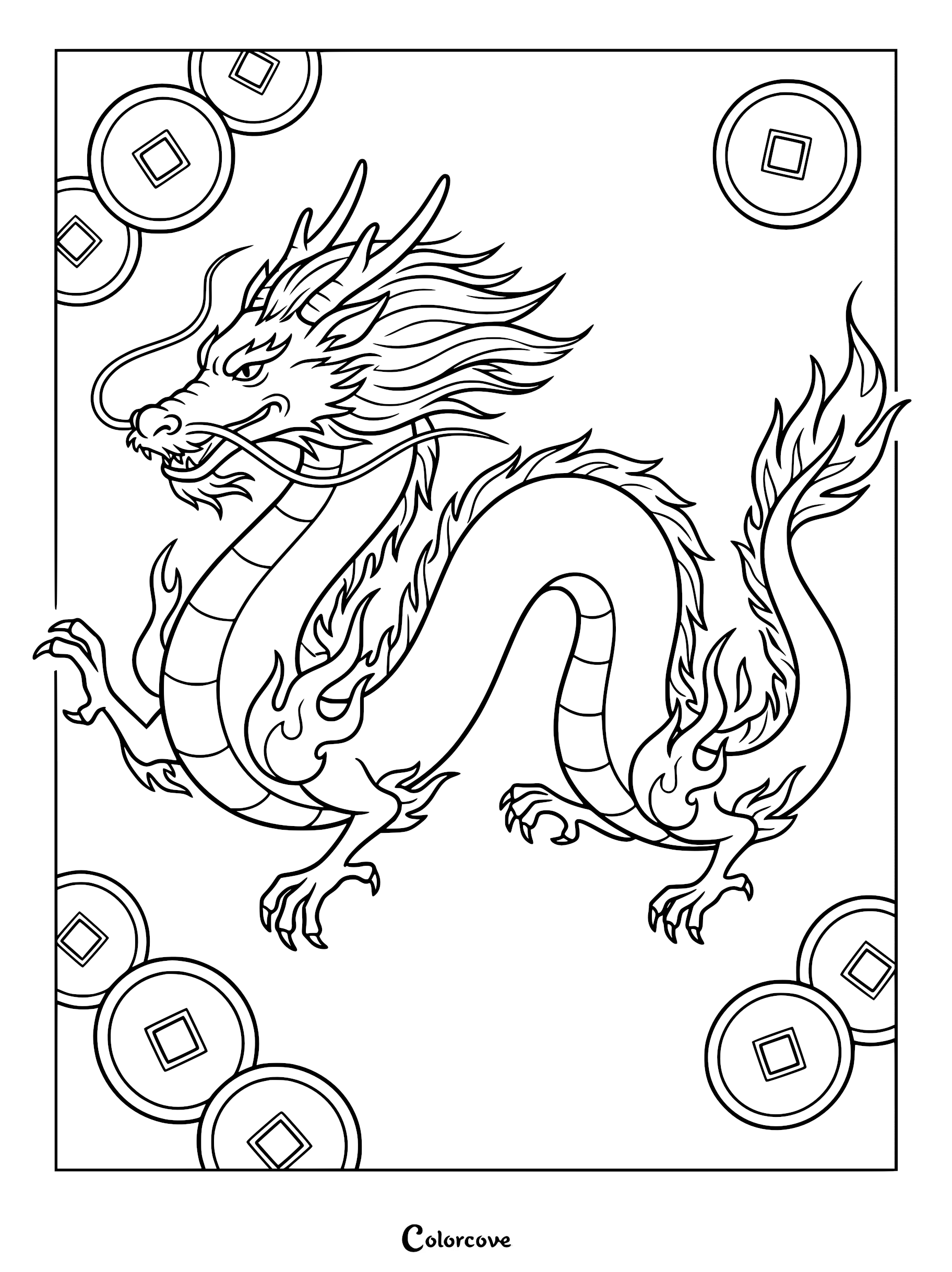 A detailed Chinese dragon coloring page surrounded by floating traditional square-holed lucky coins.