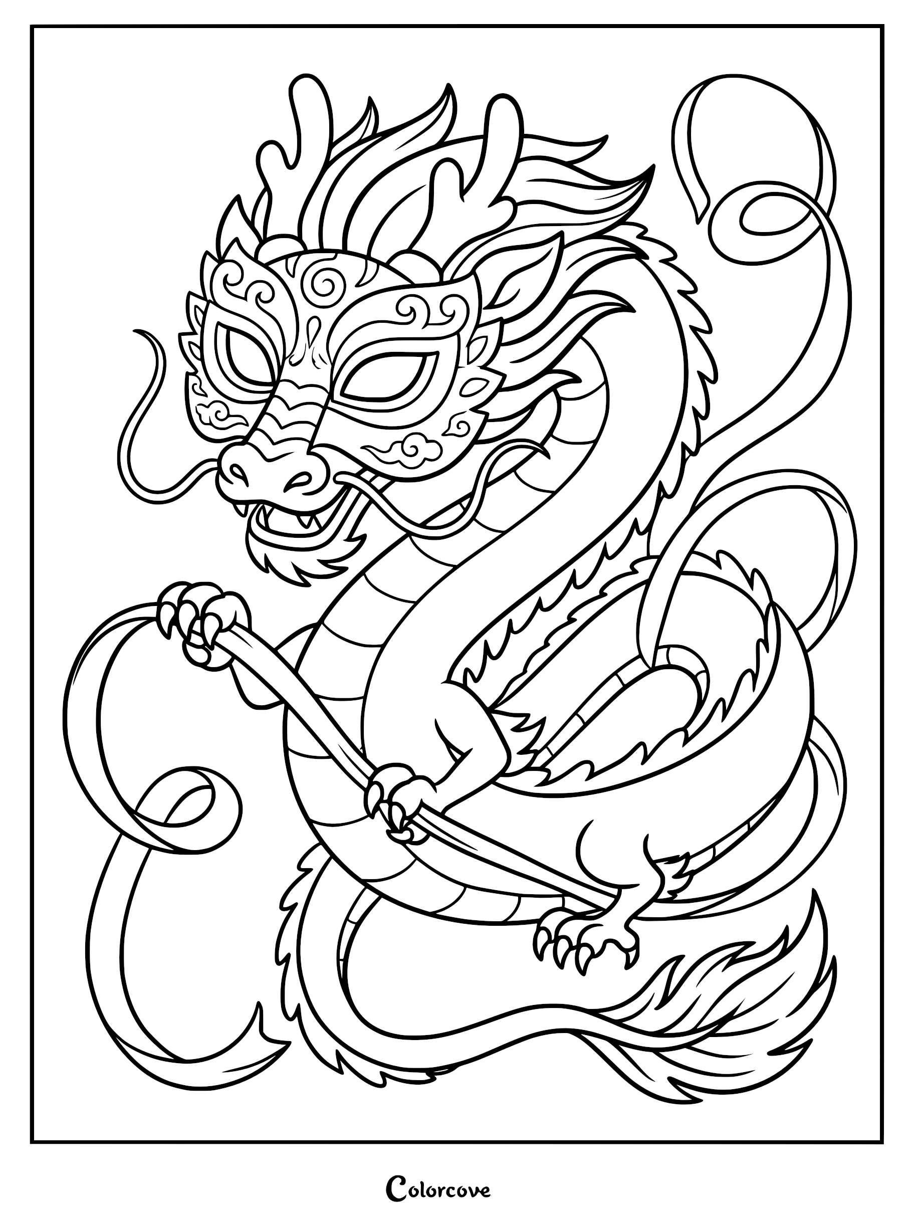 A detailed Chinese dragon coloring page featuring a mythical creature with ornate facial markings holding a flowing ribbon in its claws.