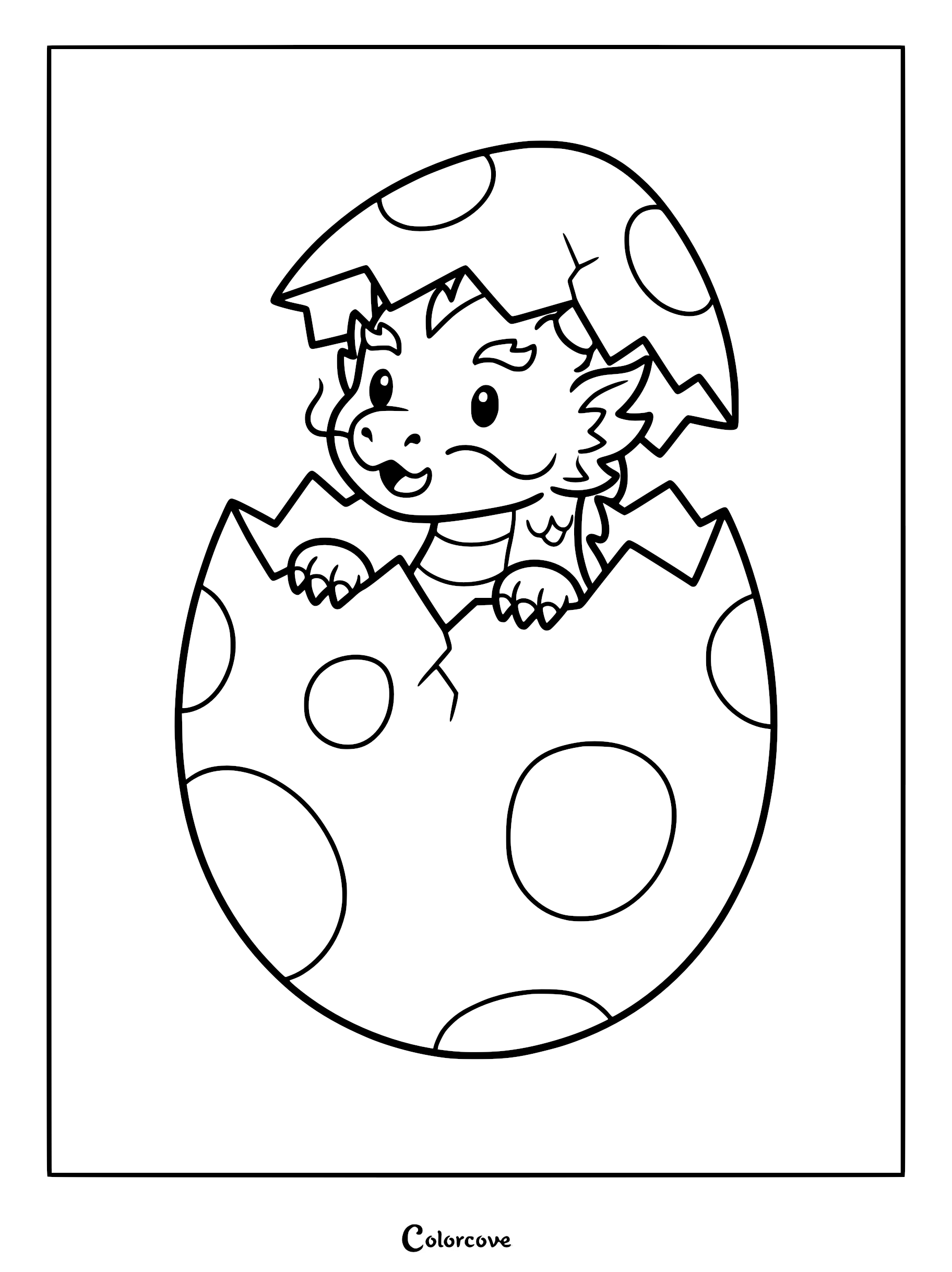 A cute baby Chinese dragon with whiskers peeking out of a cracked polka-dot egg in this printable coloring page.