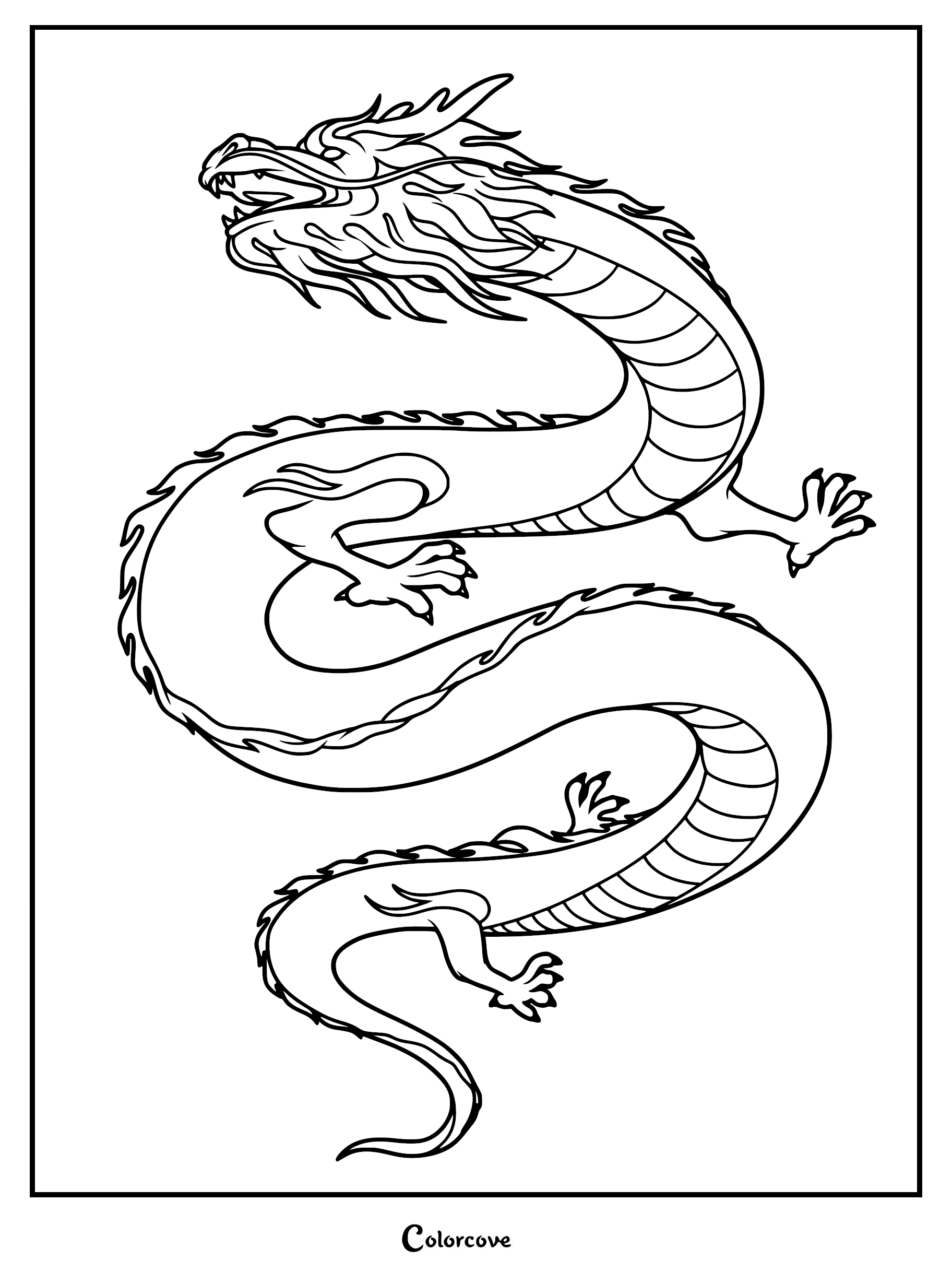 A detailed Chinese dragon coloring page featuring a long serpentine body with flowing mane and sharp claws.