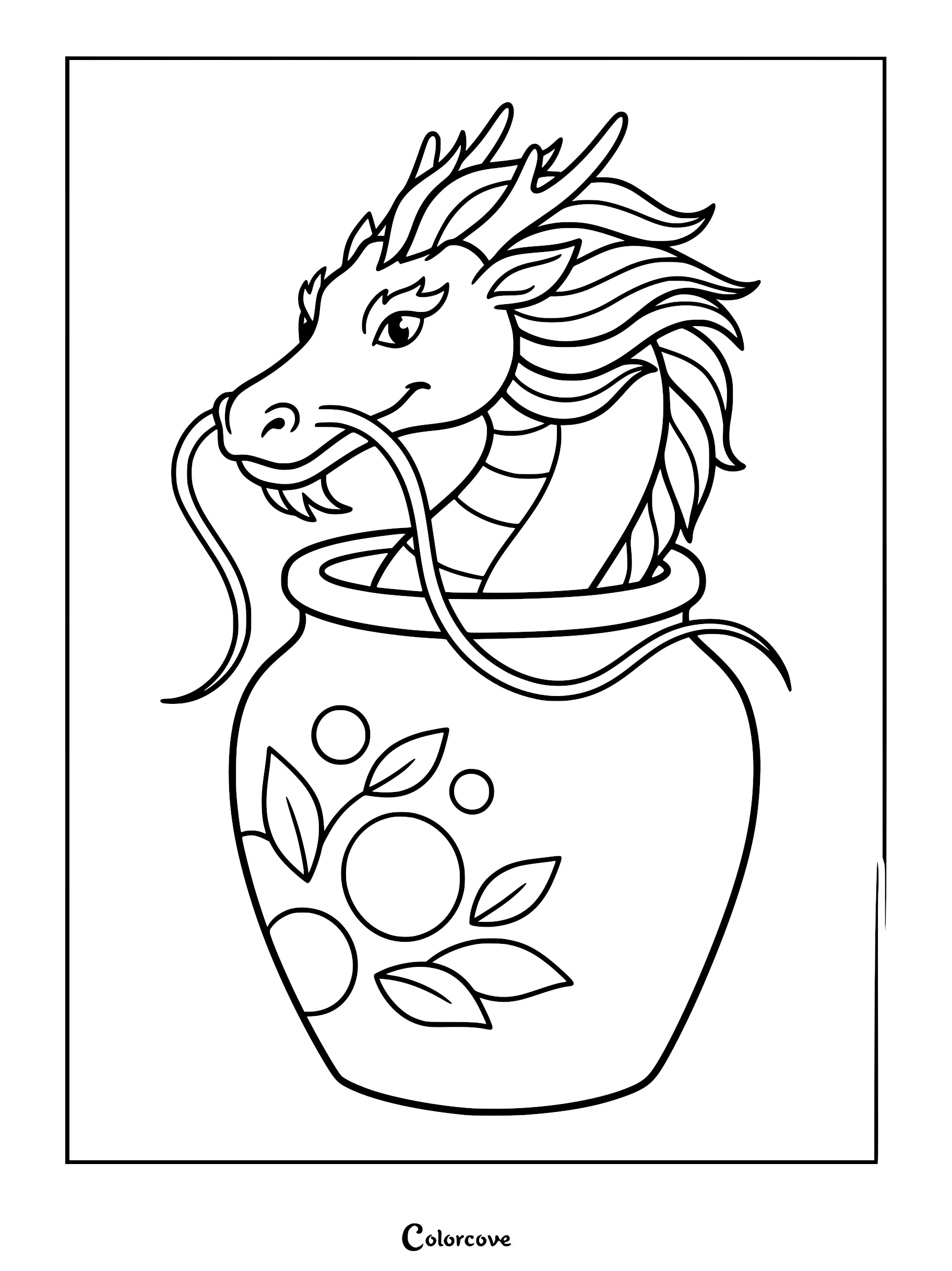 A friendly Chinese dragon with long whiskers peeking out of a floral patterned ceramic jar in this printable coloring page.