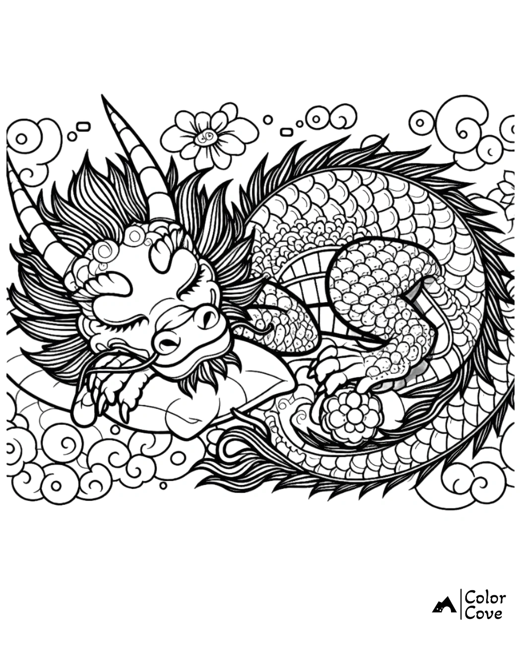 Coloring page featuring a detailed, whimsical dragon curled up, surrounded by clouds and flowers, ready to be colored.