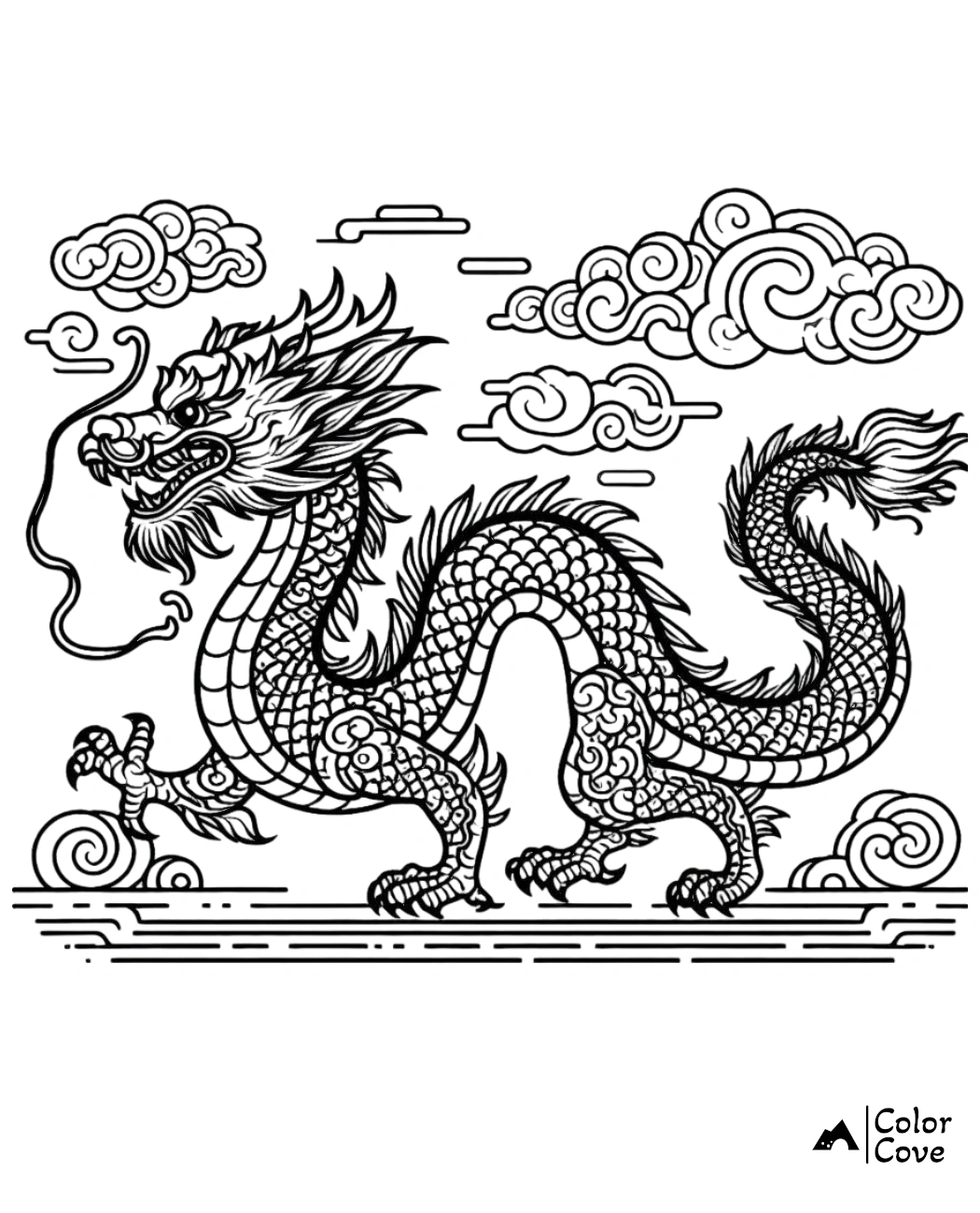 Detailed dragon coloring page with intricate patterns and swirling clouds in the background, ready to print and color.