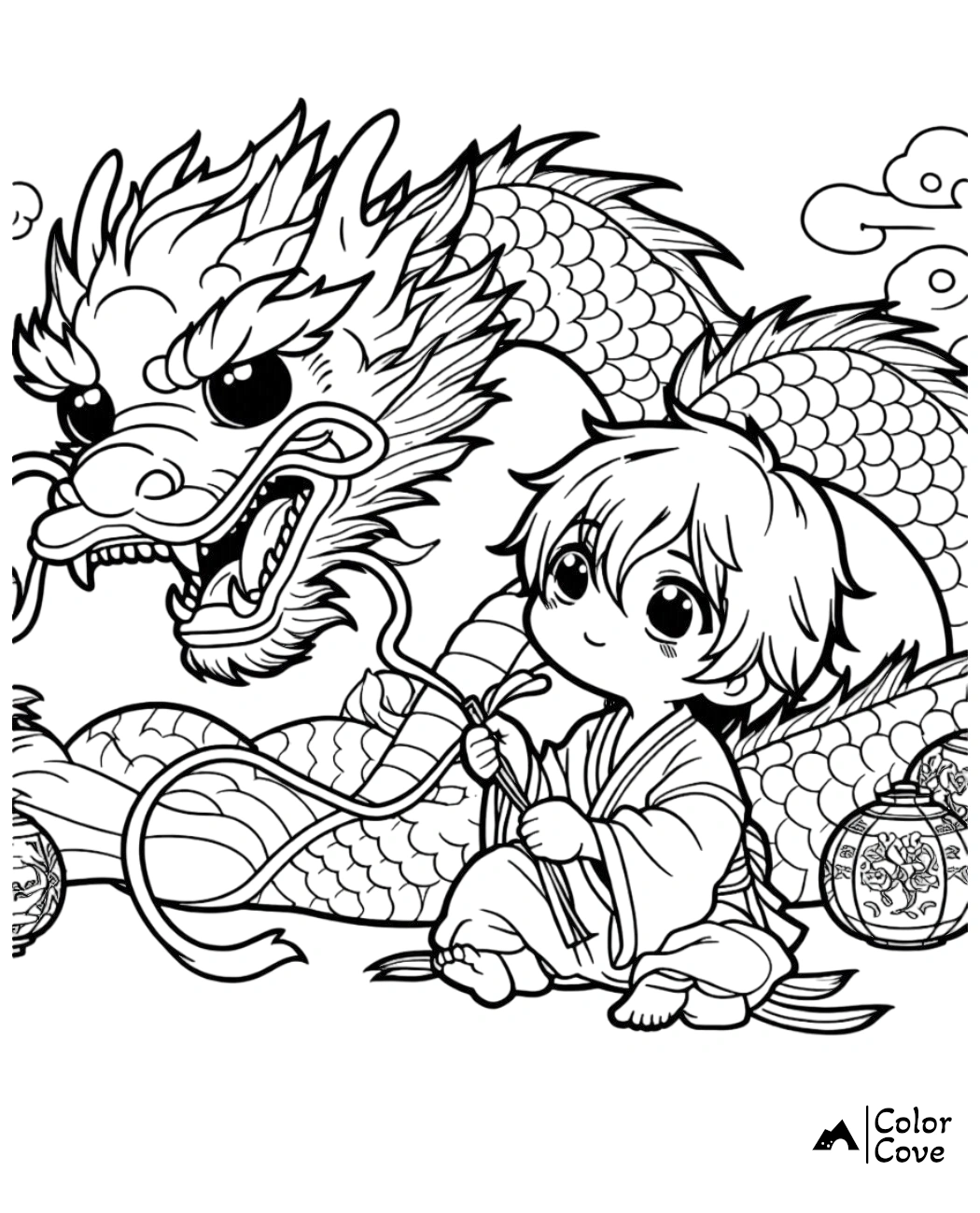 Chibi character with dragon coloring page from Color Cove. Cute manga style child and dragon illustration.