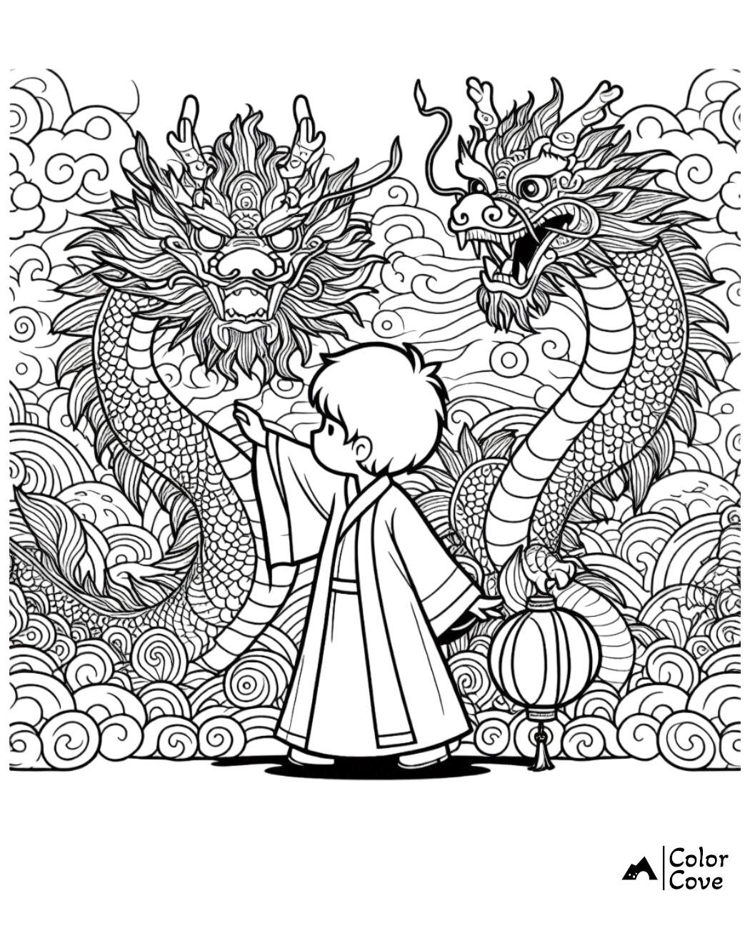 Child in traditional attire with a lantern, standing between two intricate dragons on a detailed coloring page from Color Cove.