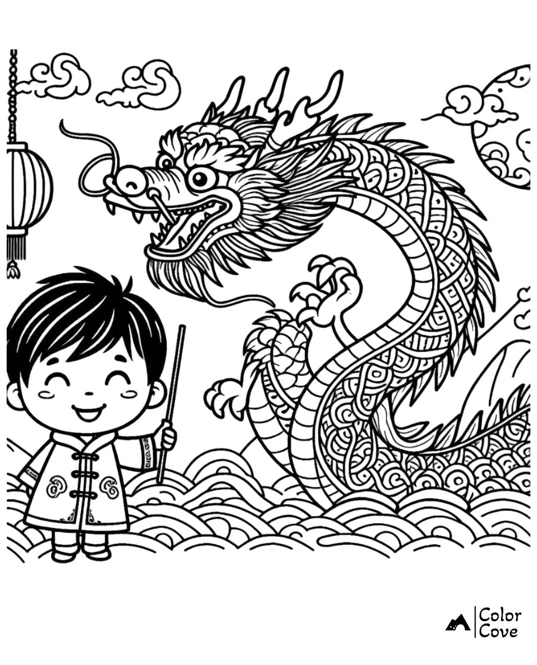 Child with a dragon coloring page – intricate design featuring a smiling child in traditional outfit and detailed dragon art.