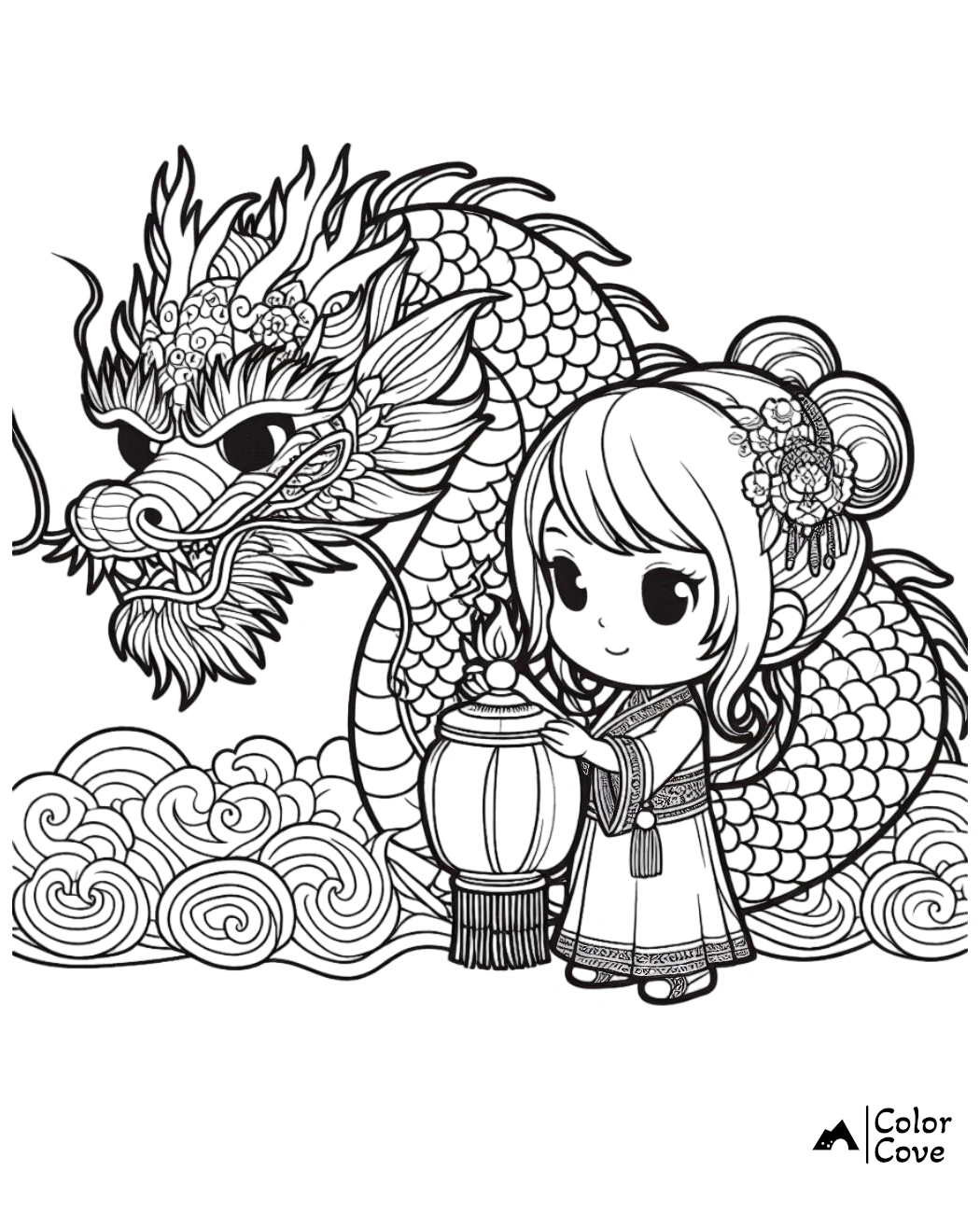 Cute girl holding lantern standing next to detailed dragon, coloring page with intricate patterns and designs by Color Cove.