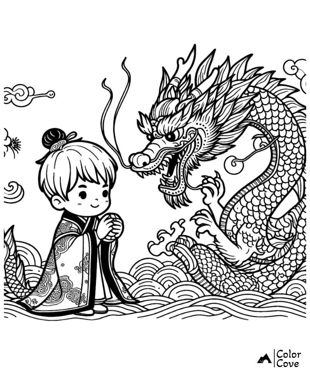 Child in traditional attire facing a fearsome dragon, intricate clouds and waves in the background for a coloring page.