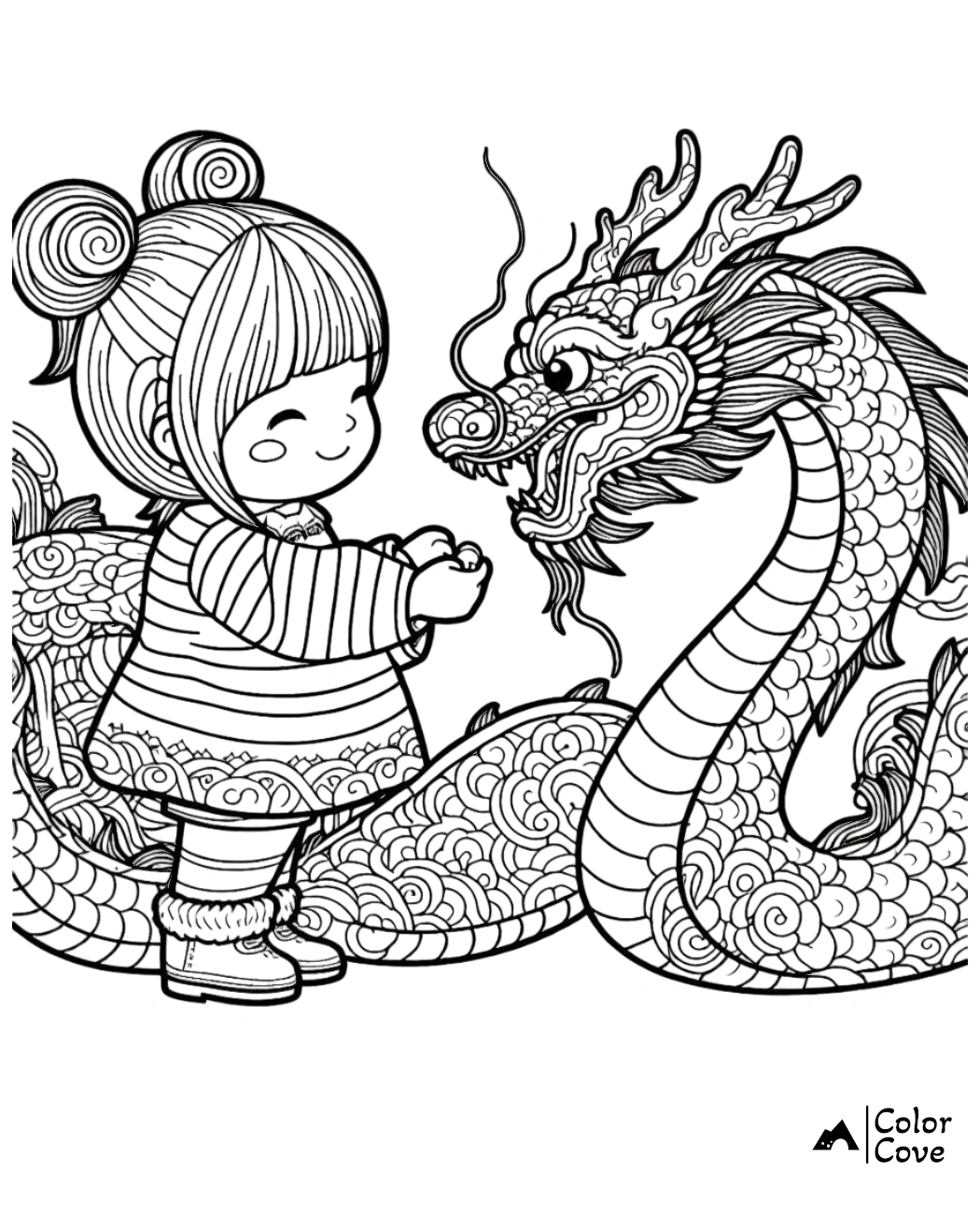 Cute illustration of a child with buns holding a gem, standing next to a detailed dragon. Coloring page by Color Cove.