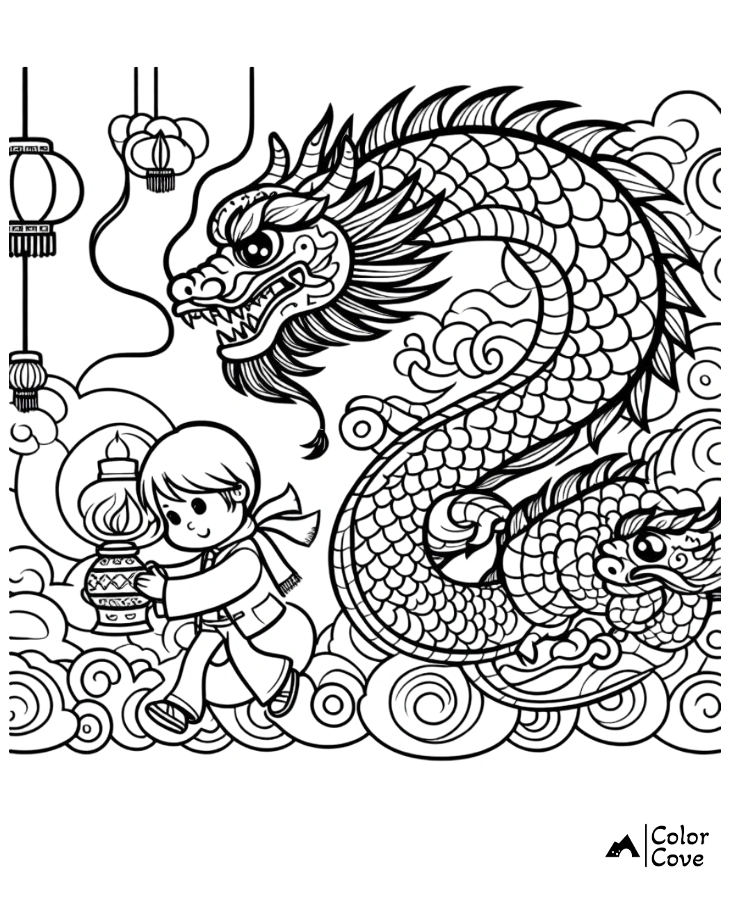 Child holding lantern with decorative dragon in festive coloring page. Asian-inspired design with lanterns and intricate details.