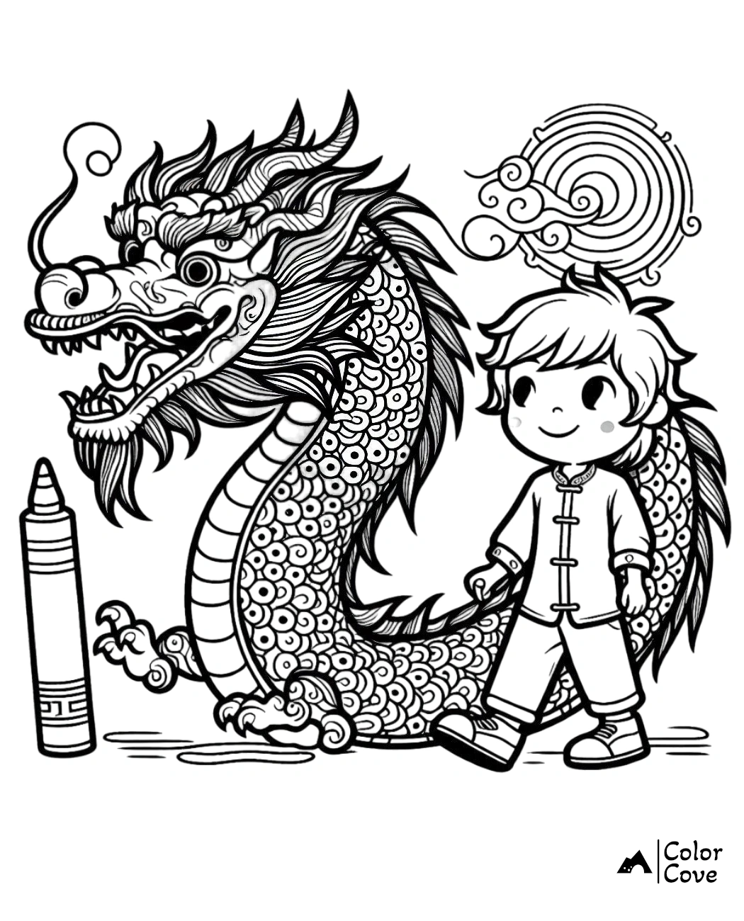 Coloring page featuring a detailed dragon and a child in traditional attire, ready for coloring fun, by ColorCove.