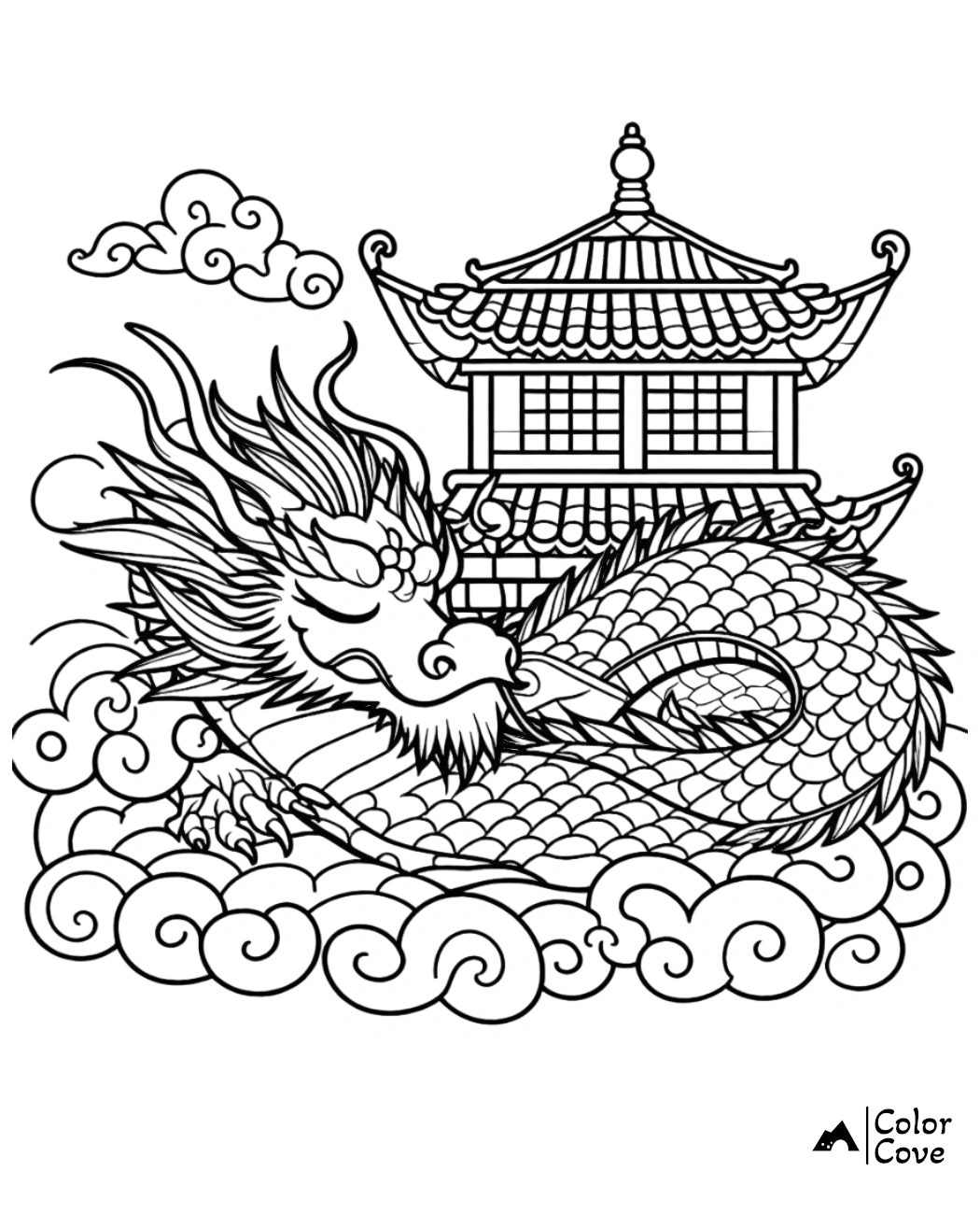 Chinese dragon illustration on a temple background in a detailed coloring page. Perfect for adults and kids to color.