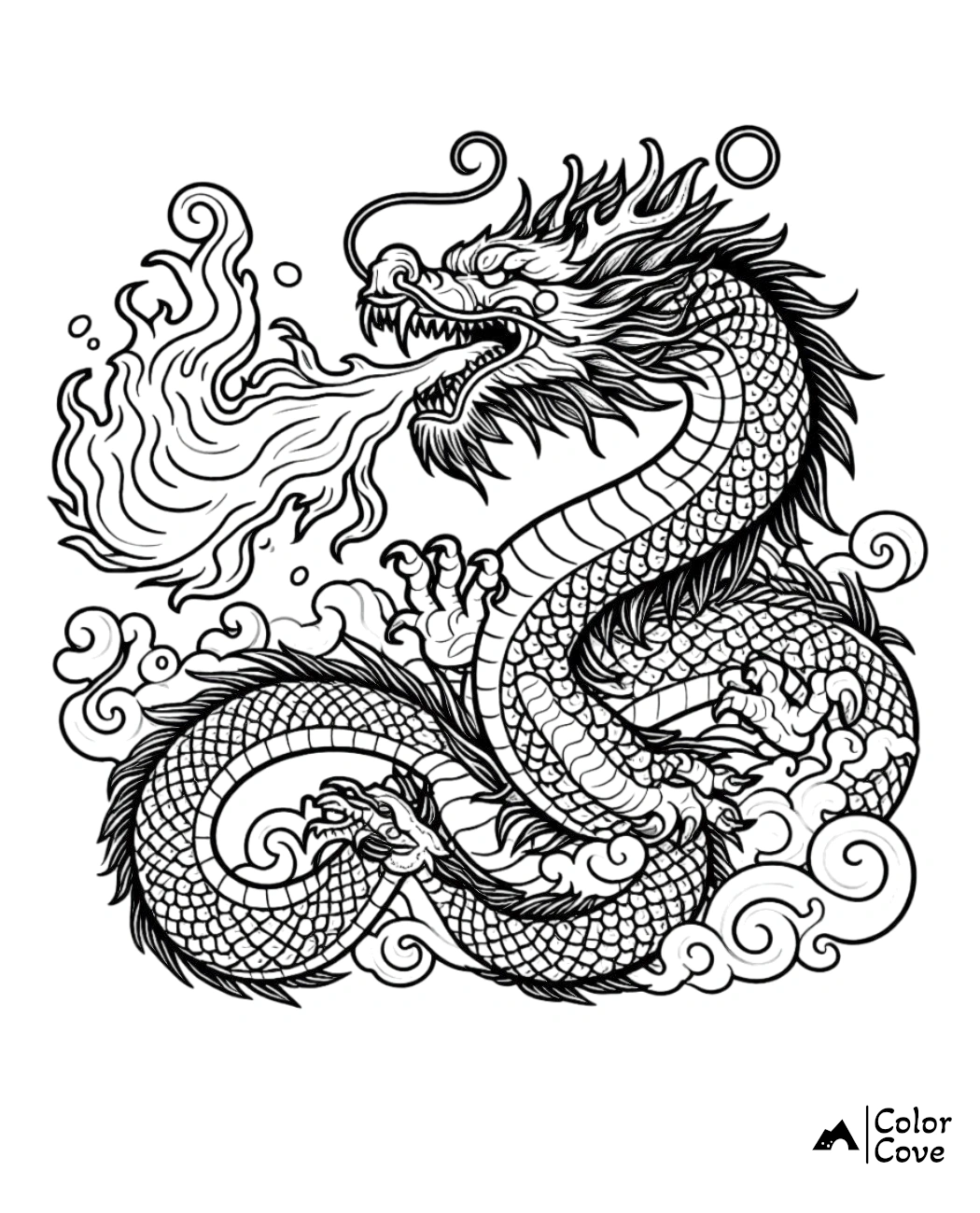 Intricate dragon coloring page, ideal for kids and adults. Featuring detailed scales and flames. Download and print.