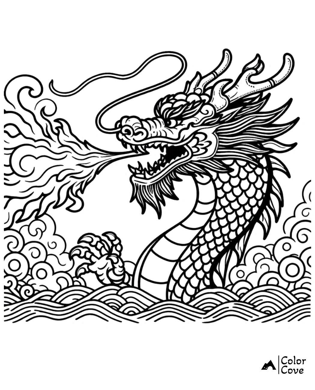 Detailed dragon coloring page for kids and adults, featuring a fire-breathing dragon with intricate patterns and waves.