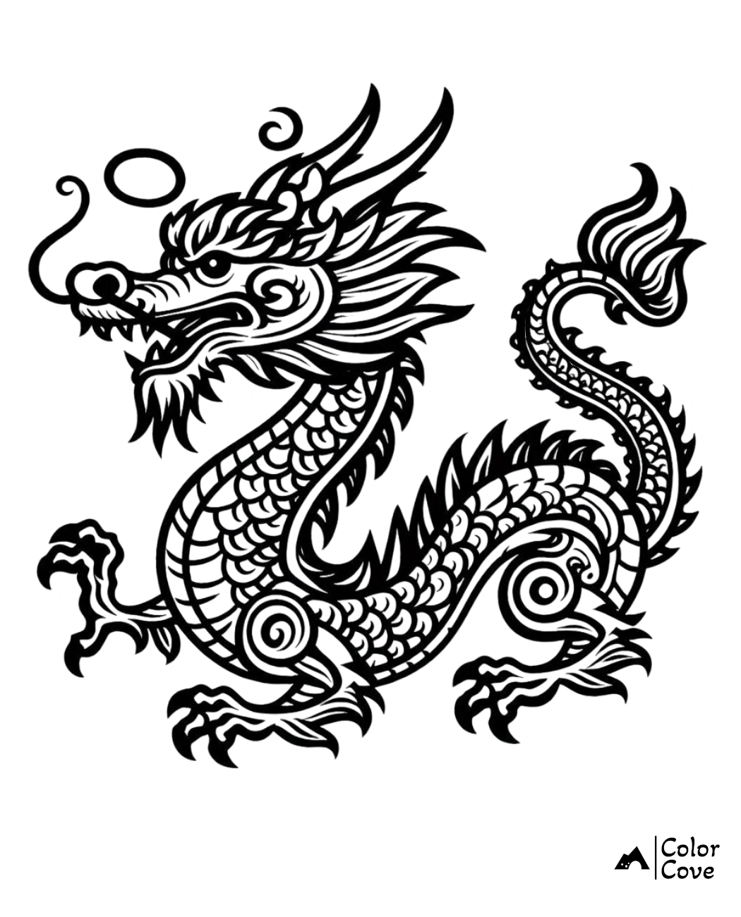 Intricate dragon coloring page with traditional Asian art style. Ideal for kids and adults. Free printable.