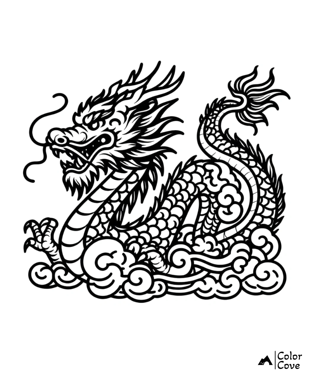 Intricate dragon coloring page with detailed scales, fierce expression, and swirling clouds, perfect for kids and adults.