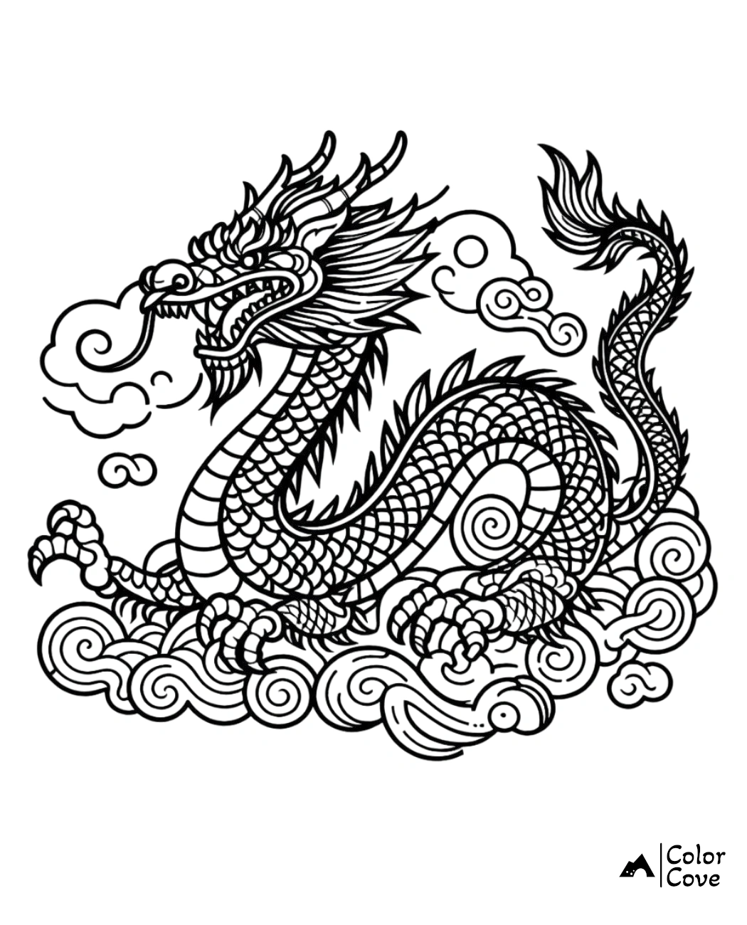 Coloring page featuring an intricately detailed dragon surrounded by clouds; perfect for kids and adults seeking creative fun.