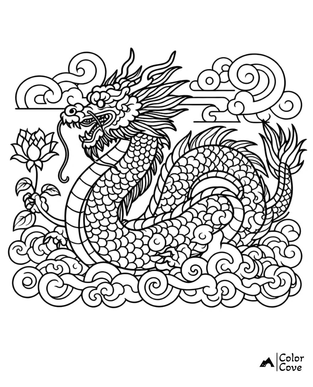 Intricate dragon coloring page featuring swirling clouds, a lotus flower, and detailed dragon scales - perfect for kids and adults.