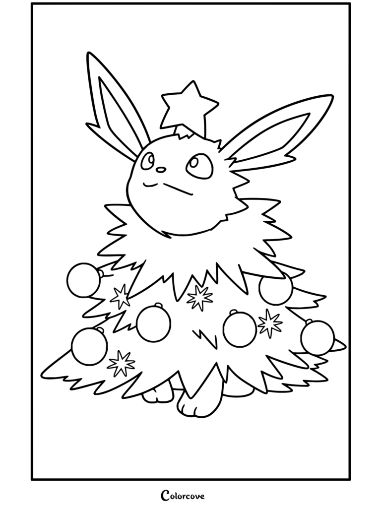 Dibujo para colorear gratis de Pokemon de Navidad con Eevee disfrazado de árbol festivo decorado con adornos y una estrella en la cabeza.