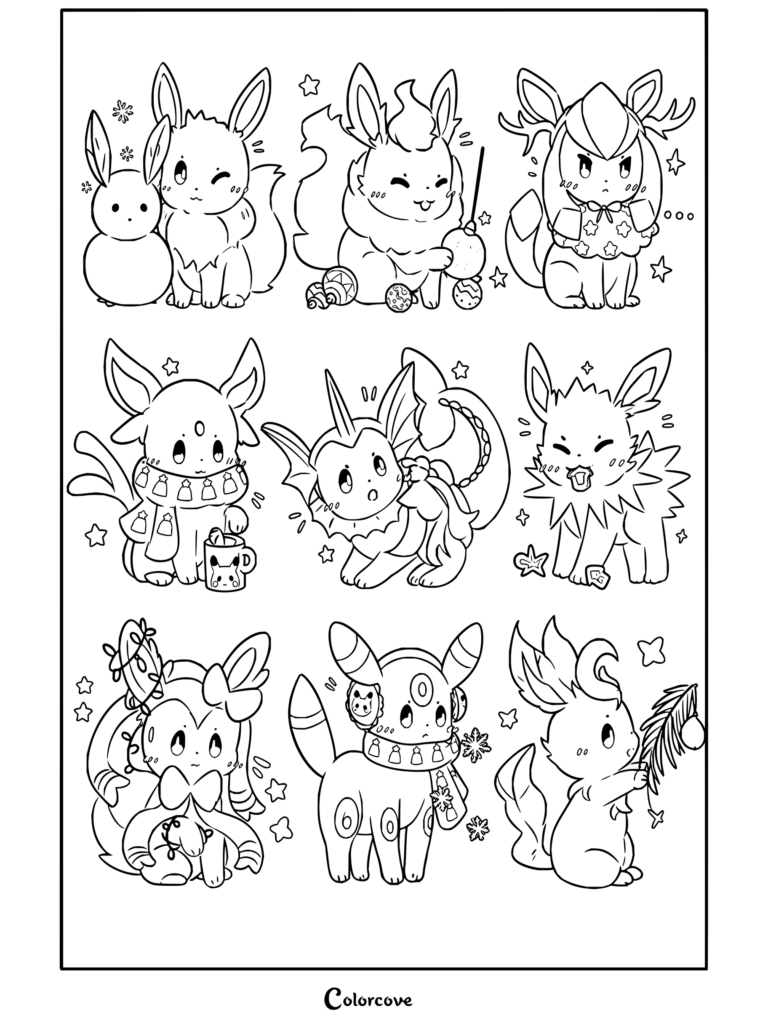 Dibujo para colorear de Pokemon de Navidad con un tierno estilo de lámina de pegatinas de Eeveeluciones festivas con todas las evoluciones de Eevee celebrando las fiestas.