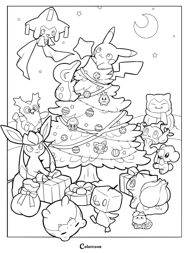 Dibujo para colorear imprimible de Pokemon de Navidad con Pikachu, Jirachi y varios Pokémon más celebrando alrededor de un árbol festivo decorado.