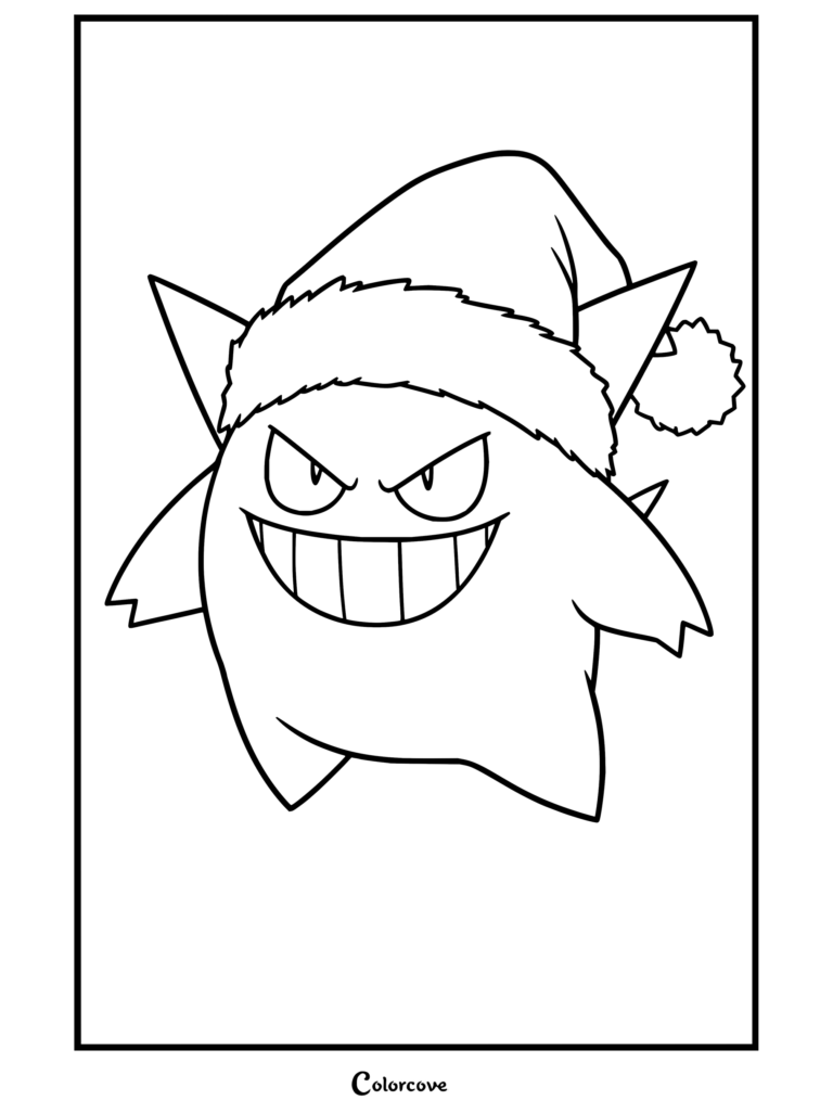 Dibujo para colorear e imprimir de Gengar con gorro de Papá Noel, un divertido Pokemon de Navidad para que los niños coloreen.