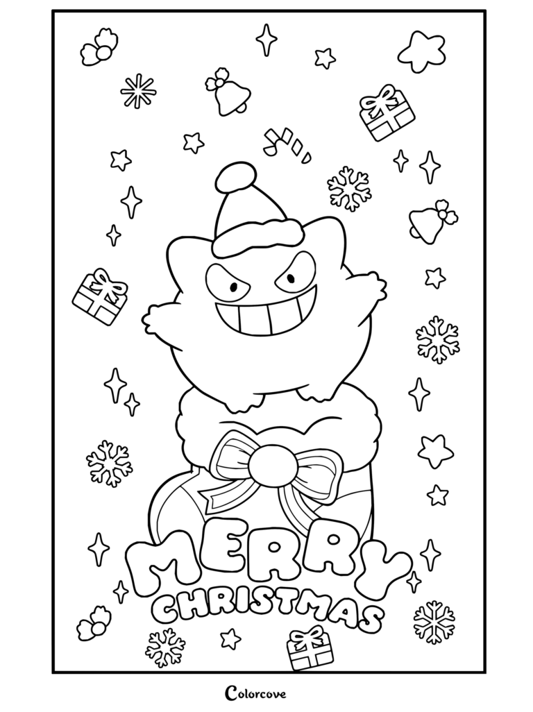 Dibujo para colorear de Pokemon de Navidad con Gengar asomándose con gorro de Papá Noel desde un calcetín navideño con regalos y copos de nieve.