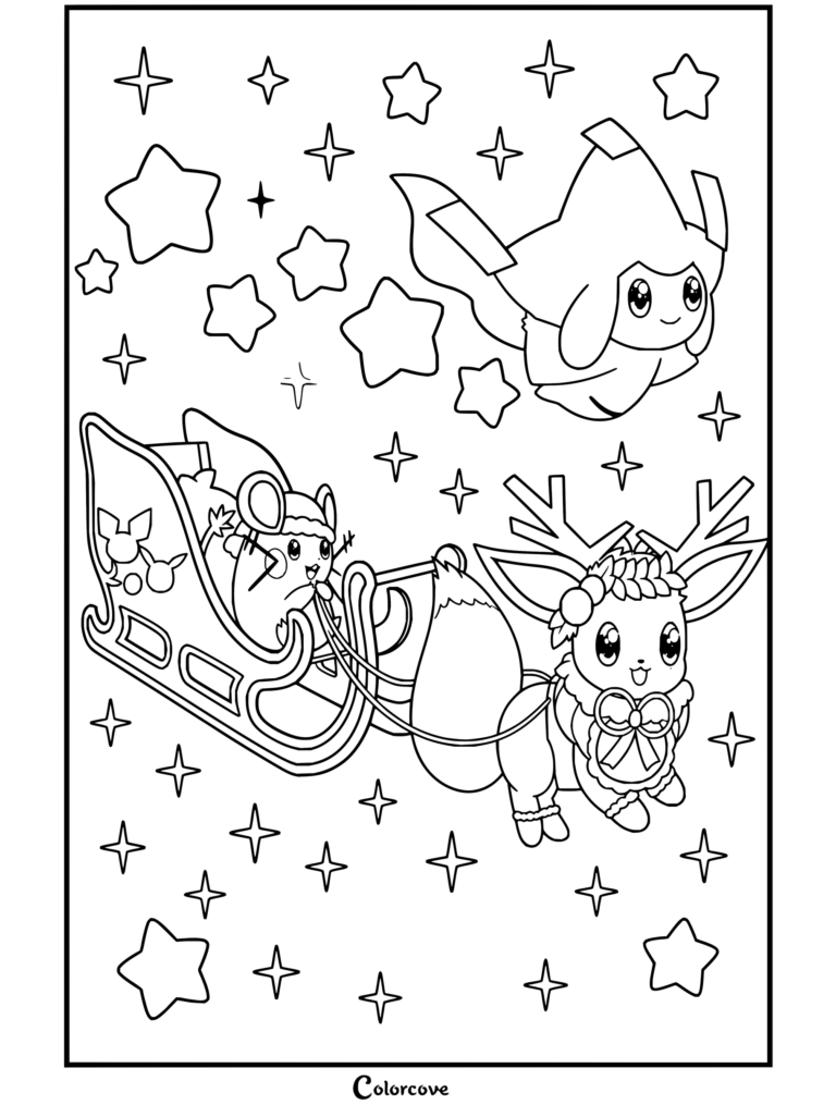 Dibujo para colorear de Pokemon de Navidad con Eevee luciendo astas de reno y tirando de un trineo conducido por Dedenne, con Jirachi volando en lo alto entre estrellas.