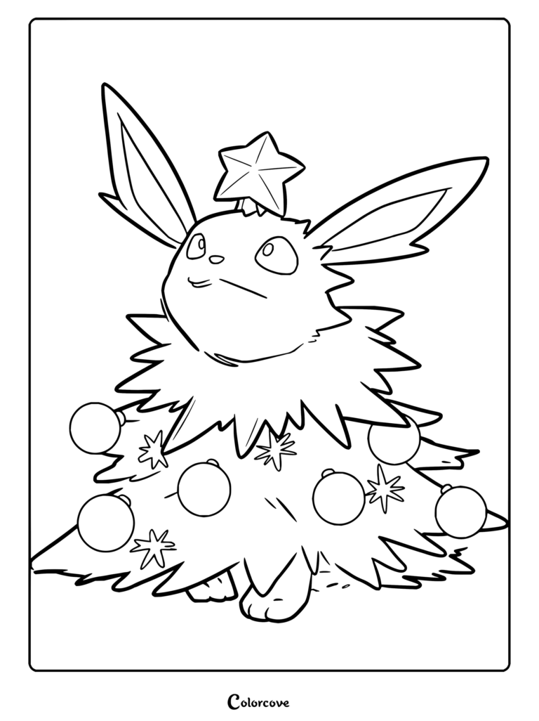 Dibujo para colorear para fans de Pokemon de Navidad con Jolteon disfrazado de árbol navideño con adornos y una estrella.