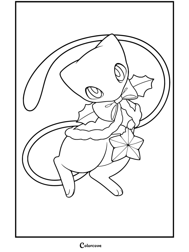 Dibujo para colorear gratuito de Pokemon de Navidad con Mew luciendo un atuendo festivo con lazo y sosteniendo un adorno de estrella rodeado por su larga cola.