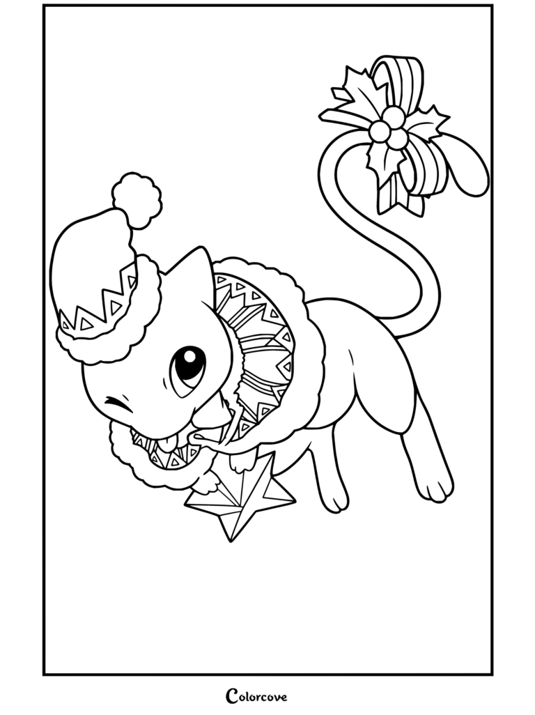 Dibujo para colorear con Mew llevando gorro de Papá Noel y collar mientras sostiene una estrella, con temática de Pokemon de Navidad.